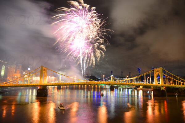 Postgame Fireworks Over The Andy Warhol Bridge And Allegheny River In Pittsburgh, Pennsylvania