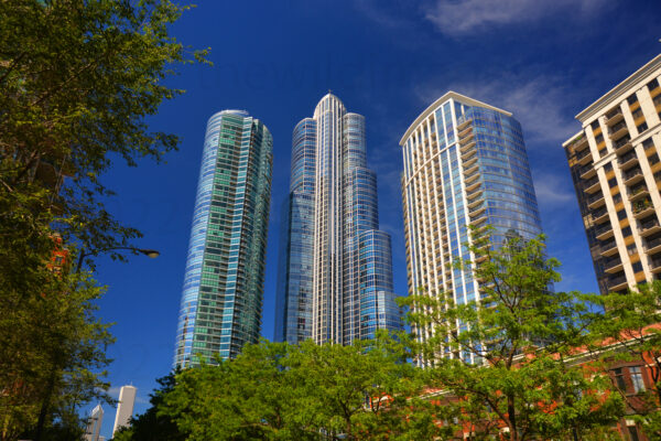 Blue Skyscrapers Of The Grant And One Museum Park Rise Above The Lower Buildings In Chicago, Illinois