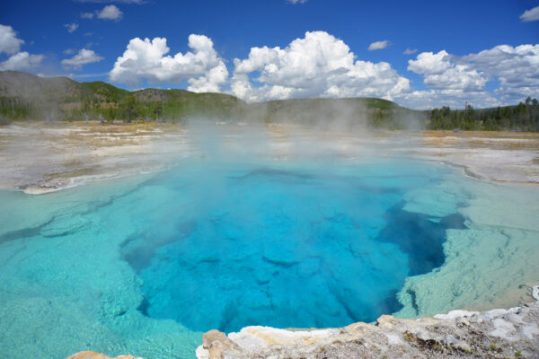 The Deep Blue Of Sapphire Pool Created By Great Depth And High Temperature In Biscuit Basin Of Yellowstone National Park, Wyoming