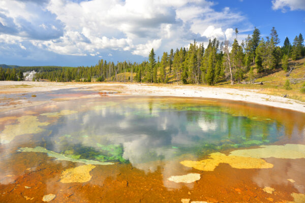 White Cloud Reflections Mingle With The Varied Colors Of Beauty Pool In The Upper Geyser Basin Of Yellowstone National Park, Wyoming