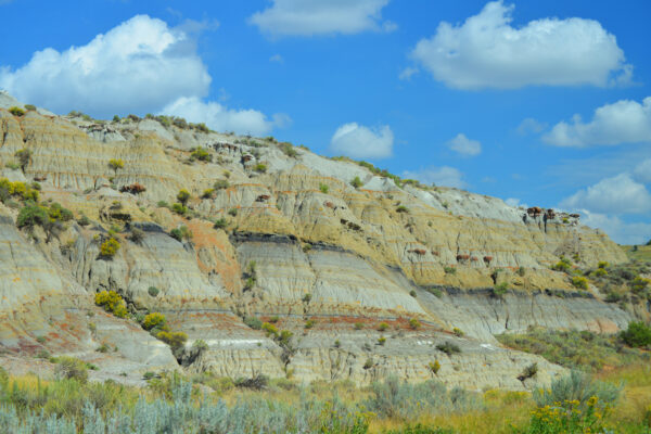 Colorful Horizontal Bands Cross With Intricate Vertical Channels On A Yellow Badlands Mound In Theodore Roosevelt National Park, North Dakota